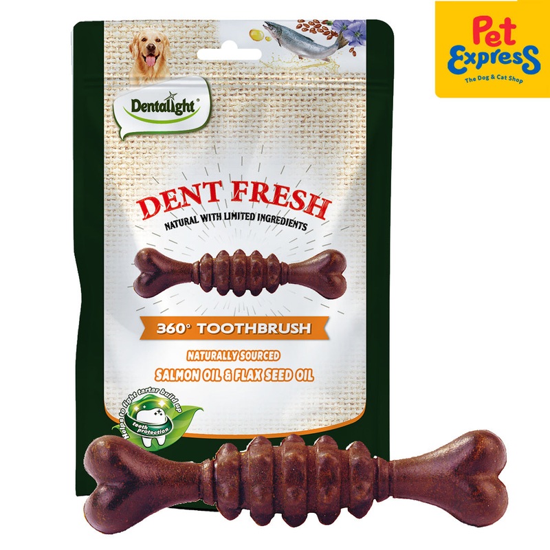 Dentalight Dent Fresh 360 Toothbrush Salmon Flaxseed Coat Care Dog Treats 18s 150g