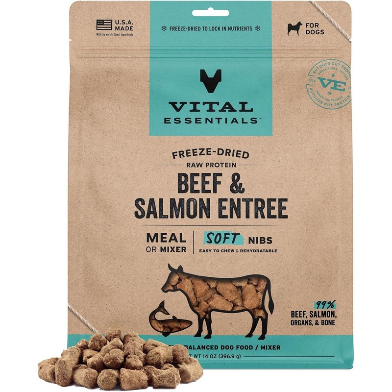 Vital Essentials Freeze Dried Soft Nibs Beef Salmon Raw Dog Food 14oz