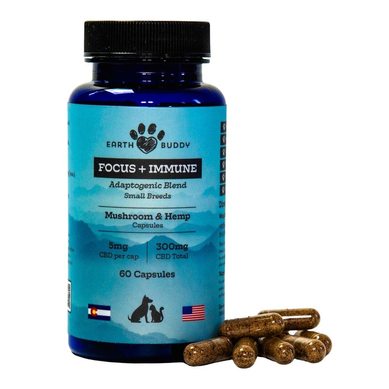 Earth Buddy Focus + Immune-Mushroom & Hemp Capsules for Cats & Small Breed Dogs 5mg 4pk