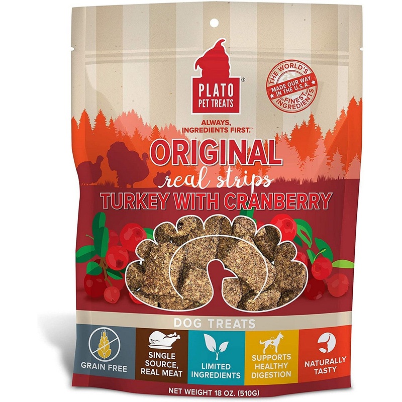Plato Turkey with Cranberry Real Strips Dog Treats, Grain Free Meat Bars 18oz