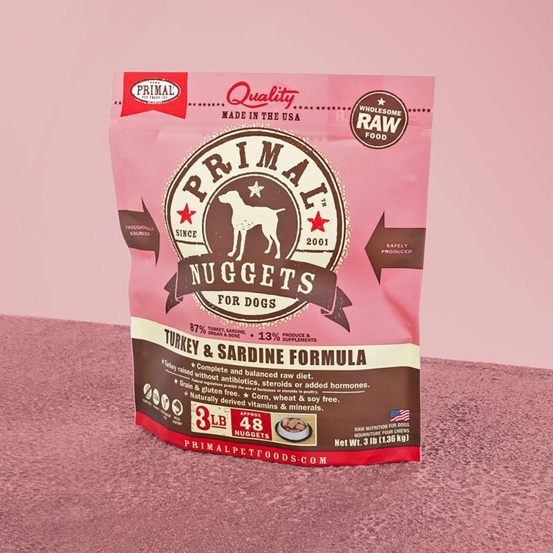 Primal Raw Frozen Nuggets Turkey & Sardine Formula Dog Food 3lb