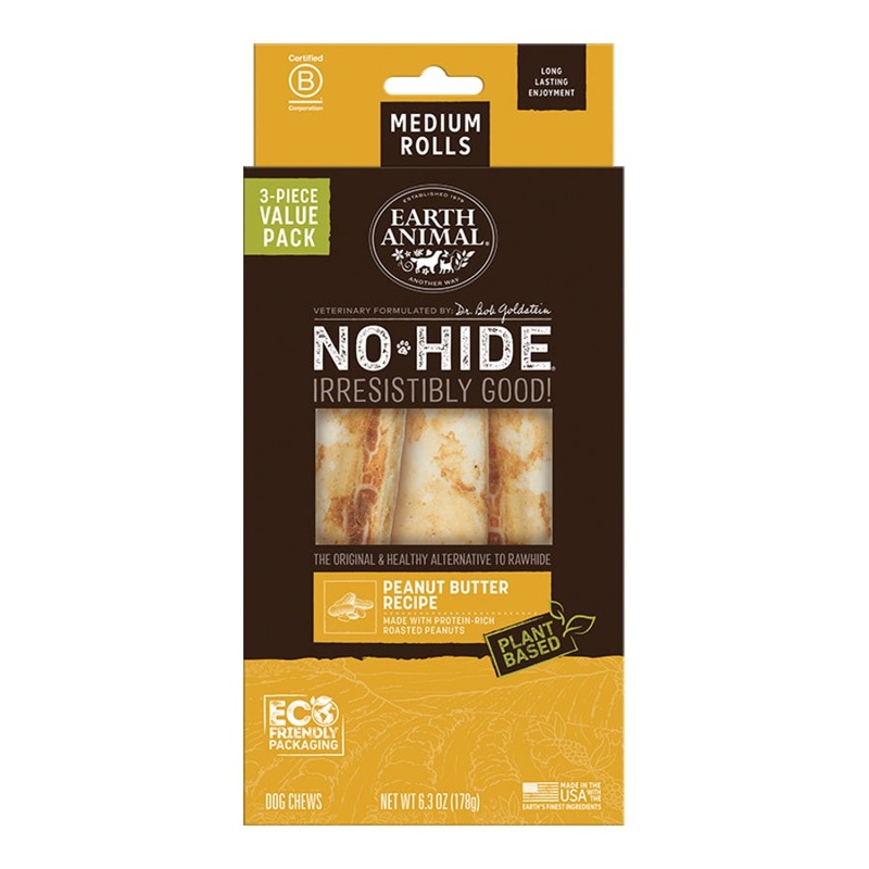Earth Animal Peanut Butter No-Hide Medium 7" Roll Dog Chews Value Pack - 3pk