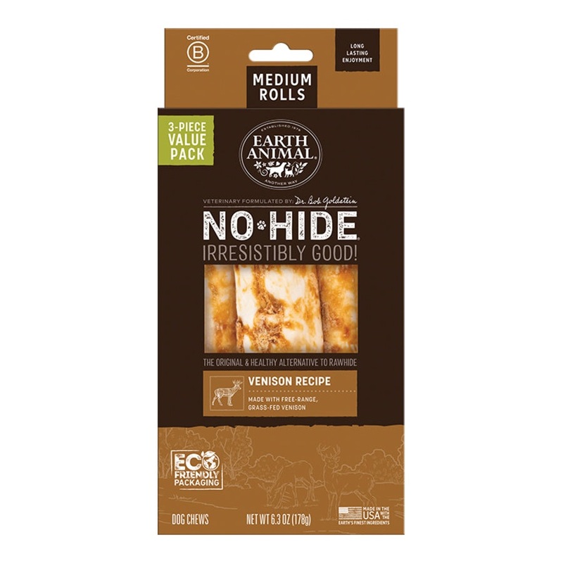 Earth Animal Venison No-Hide Medium 7" Roll Dog Chews Value Pack - 3pk