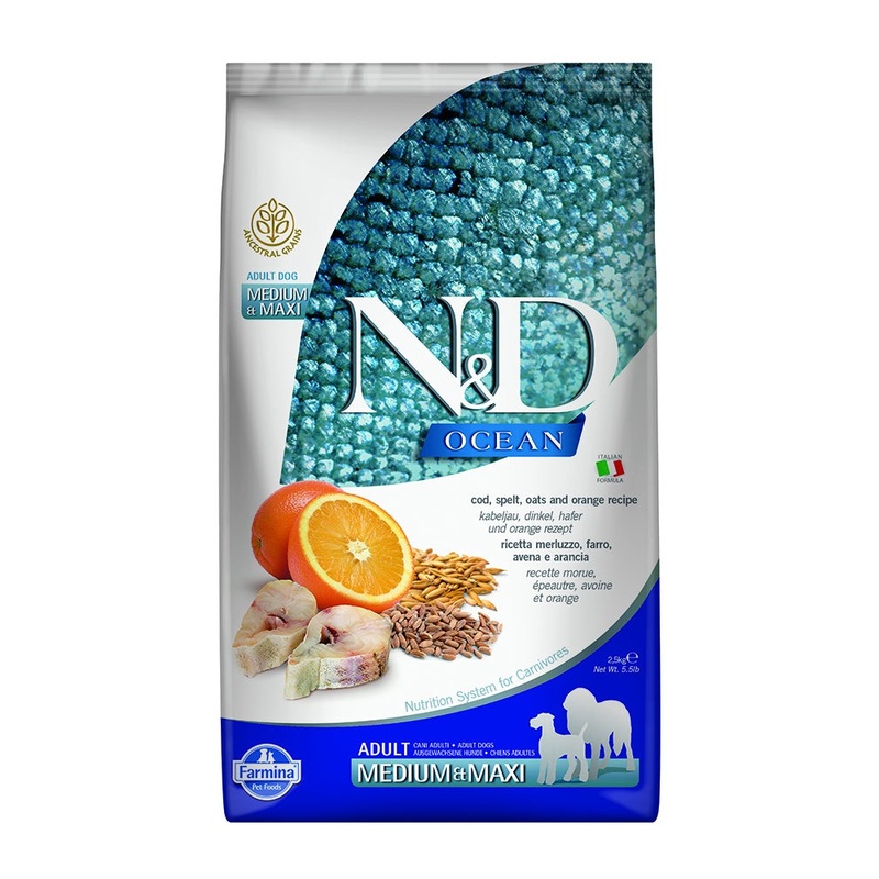 Farmina N&D Ocean Cod, Spelt, Oats & Orange Adult Medium & Maxi Dry Dog Food 5.5lb